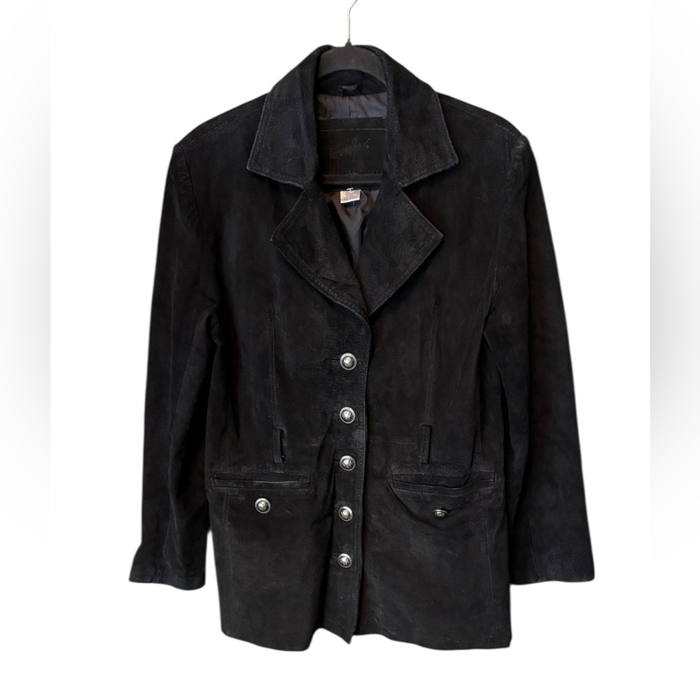Vintage Jacqueline Ferrar Black Suede Leather Trim Jacket Longline Size Small - Picture 7 of 7